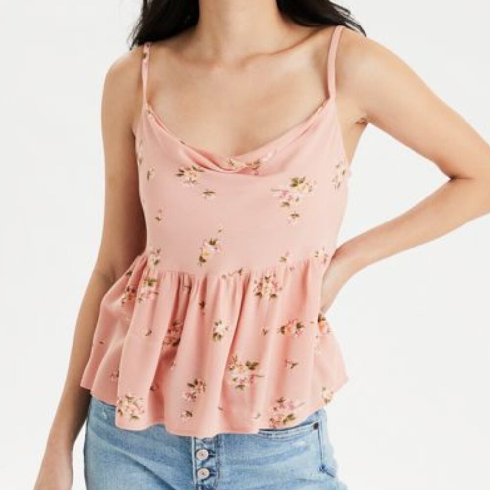 American Eagle Floral Crop Peplum Hem Cami Tank Large